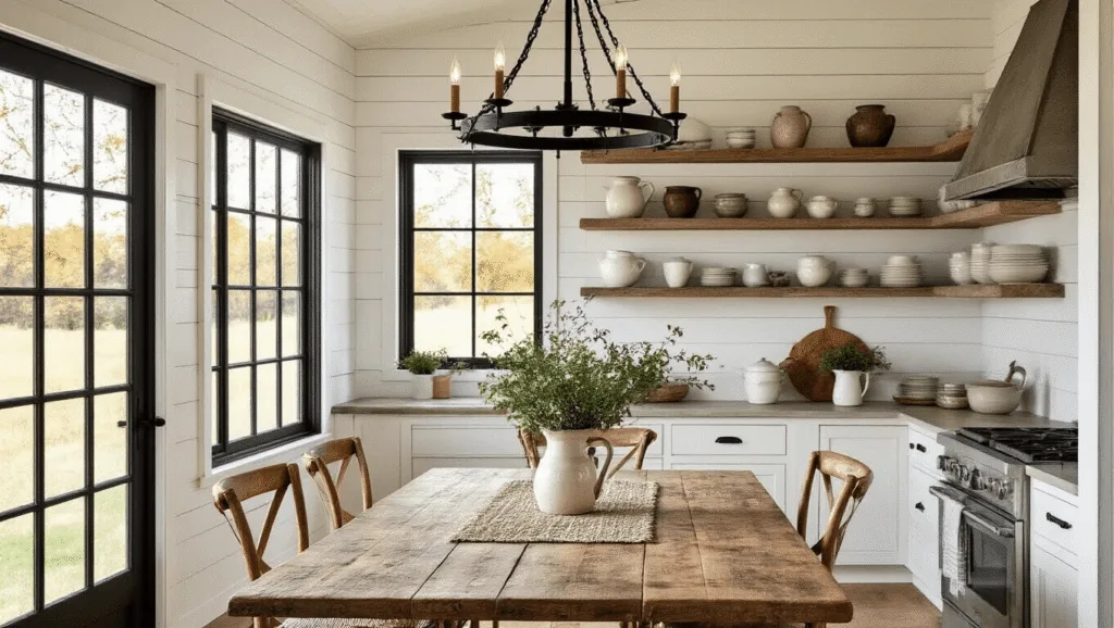 "Farmhouse dining area with rustic chandelier, shiplap walls and vintage ceramics on open shelves at golden hour"