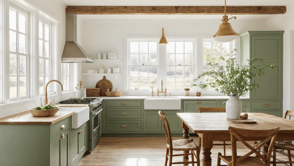"Sunny farmhouse kitchen with sage green cabinets, white walls, butcher block countertop, brass fixtures, and a natural wood dining table, in rustic elegant style"