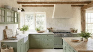 "Sunlit farmhouse kitchen interior featuring alabaster walls, vintage decor, wooden beams, sage green cabinets, and soft natural light."