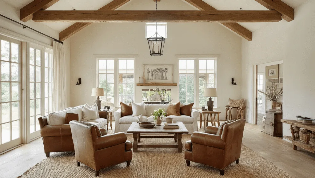 "Spacious farmhouse living room with vaulted ceiling, exposed beams, cream linen sofa, leather armchairs, rustic oak coffee table, jute rug and warm sunlight streaming through windows"
