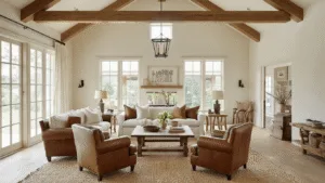 "Spacious farmhouse living room with vaulted ceiling, exposed beams, cream linen sofa, leather armchairs, rustic oak coffee table, jute rug and warm sunlight streaming through windows"
