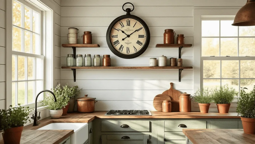 "Cozy farmhouse kitchen with vintage clock, antique decor, and warm morning light"