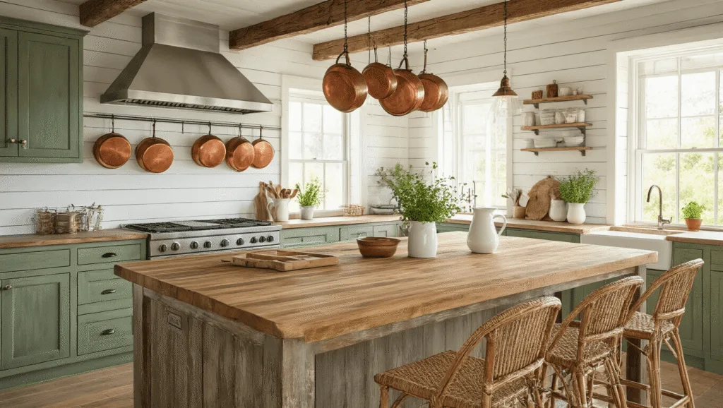 "Sunlit farmhouse kitchen with rustic wood island, sage green cabinets, vintage copper pots, and rattan barstools"