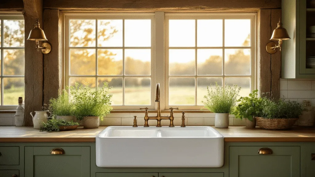 "Rustic farmhouse kitchen with sage cabinets, wooden beams, porcelain sink, brass sconces, and herbs on windowsill in golden hour lighting"