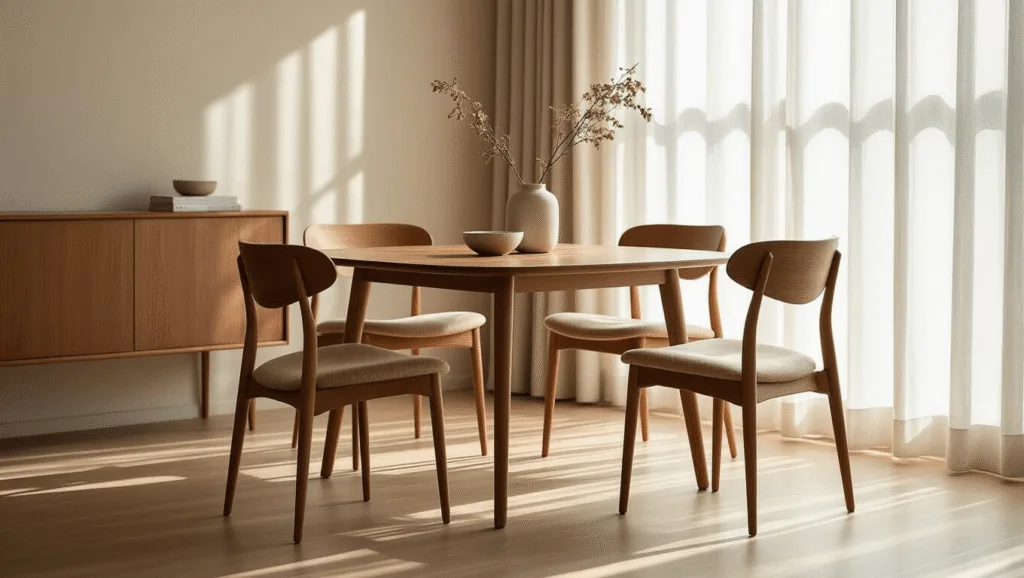 "Japandi-style dining room with walnut and oak chairs, sheer curtains and high-end design"