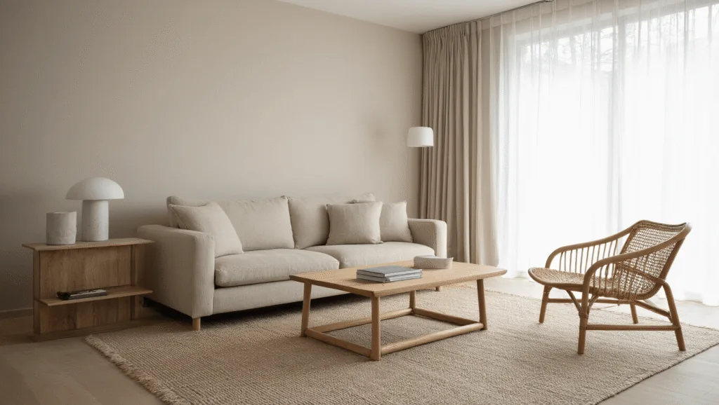 "Minimalist Japandi style living room with beige linen sofa, oak coffee table, rattan chair, warm neutral tones, and natural light filtering through sheer curtains"