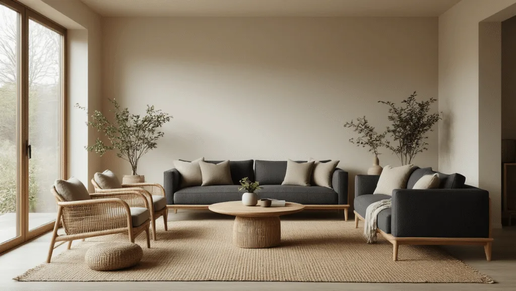 "Japandi style living room with floor-to-ceiling windows, minimalist decor, natural wood furniture, rattan accents, charcoal sofa, and potted plants in warm, neutral tones"