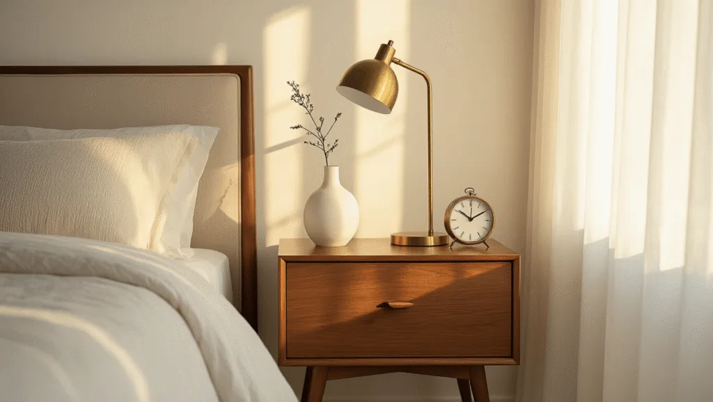 "Mid-century modern bedroom with walnut nightstand, brass lamp, ceramic vase and golden sunlight filtering through sheer curtains"