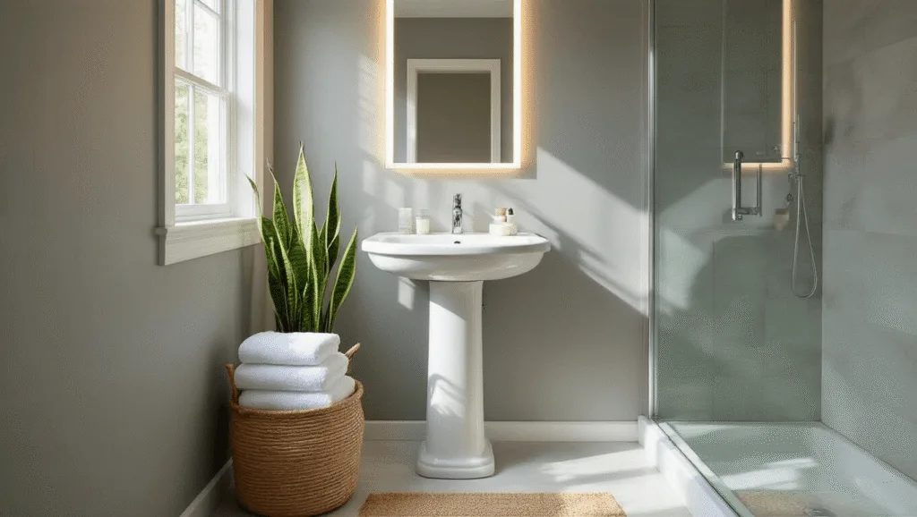 "Bright, minimalist bathroom with dove gray walls, white pedestal sink, glass shower, seagrass basket with white towels, and a snake plant in morning light."