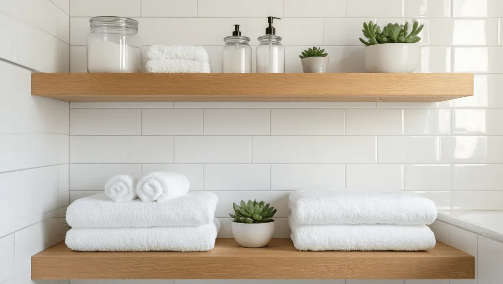 "Modern minimalist bathroom with wooden floating shelves, spa essentials, white towels, small succulents and ambient lighting"