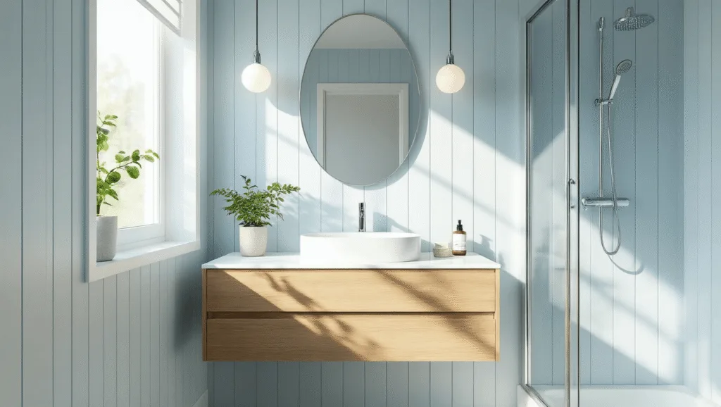 "Modern small bathroom with blue striped wallpaper, wood vanity, and glass shower enclosure in natural morning light"
