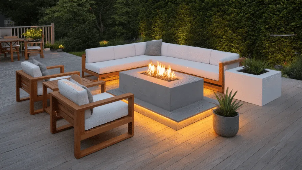"Modern deck at twilight with a concrete firepit, white sectional sofa, teak chairs, string lighting, potted plants and warm ambient lighting."