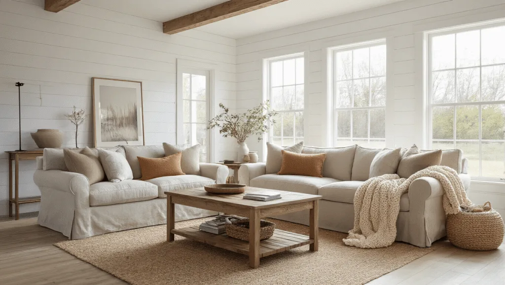 "Interior of a modern farmhouse living room with oatmeal sofa, rustic wood coffee table, white shiplap walls, chunky knit throws, and natural light streaming through large windows"