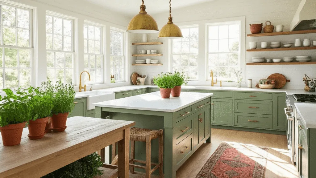 "Modern farmhouse kitchen with sage green cabinets, white quartz countertops, brass hardware, pendant lights, and a central island with weathered wood"