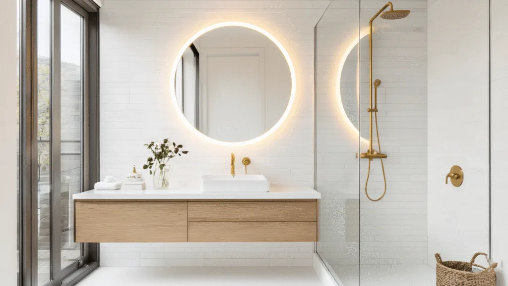 "Modern minimalist bathroom with floating vanity, round mirror, glass shower, white tiles, brass fixtures, and warm LED lighting."