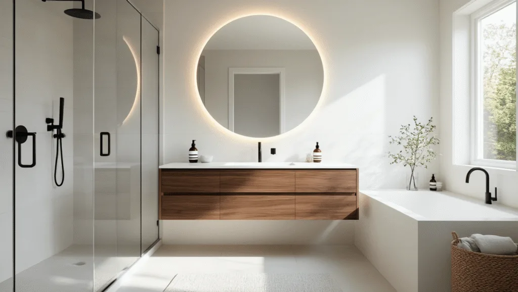"Scandinavian-inspired small bathroom with walnut floating vanity, frameless glass shower, round backlit mirror, and natural light from skylight"