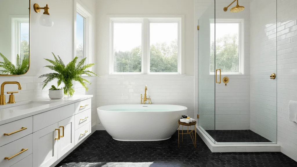 "Sunlit modern spa bathroom with minimalist white subway tiles, black hex floor, floating vanity, brass accents, glass shower, and a potted fern, bathed in bright, airy morning light"