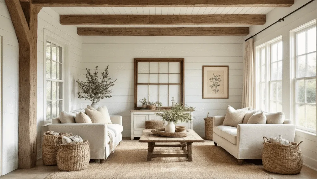 "Cozy farmhouse living room with shiplap walls, rustic wooden beams, vintage decor, and neutral color scheme bathed in afternoon sunlight"