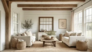 "Cozy farmhouse living room with shiplap walls, rustic wooden beams, vintage decor, and neutral color scheme bathed in afternoon sunlight"