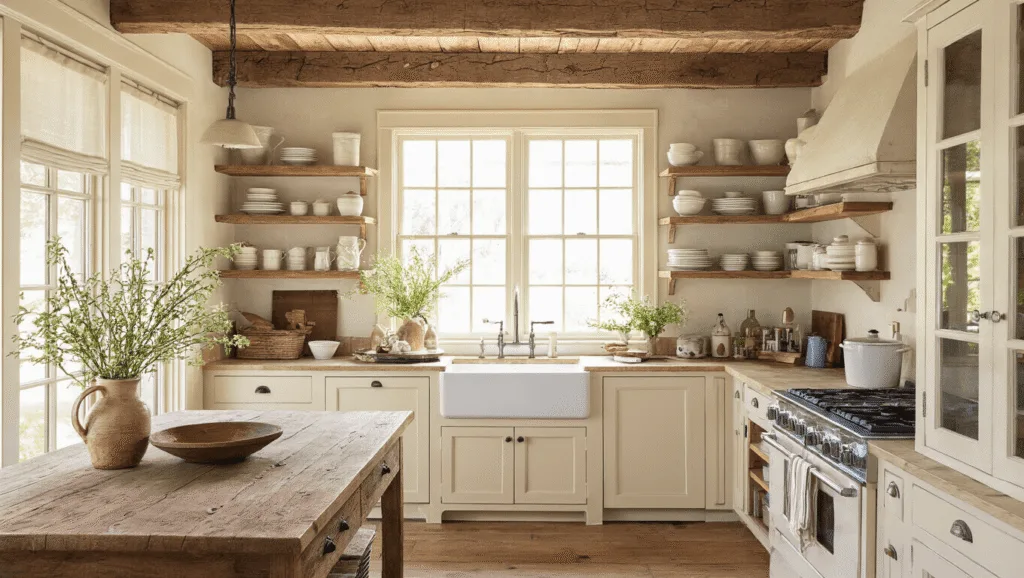 "Rustic farmhouse kitchen with exposed wooden beams, reclaimed wood island, open shelving with vintage dishes, warm morning light streaming through windows, cream-colored cabinets, and an apron sink"