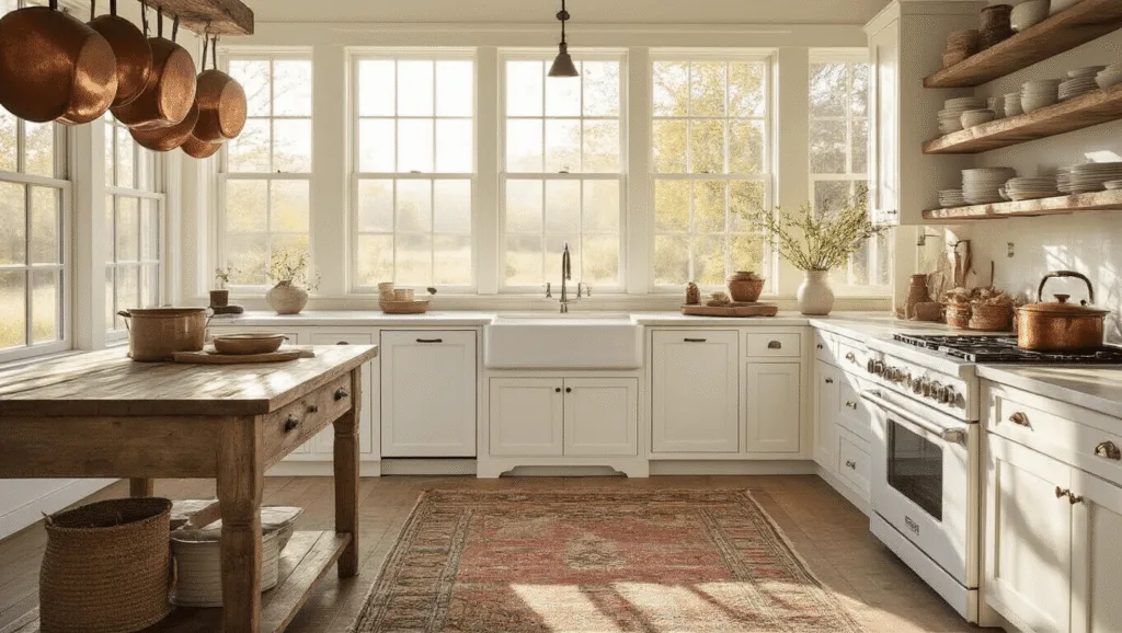 "Rustic farmhouse kitchen with white Shaker cabinets, wooden island, apron sink, and vintage rug in morning sunlight"