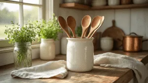 "Vintage ceramic utensil holder with wooden and copper utensils in a rustic farmhouse kitchen with shiplap walls and morning sun"