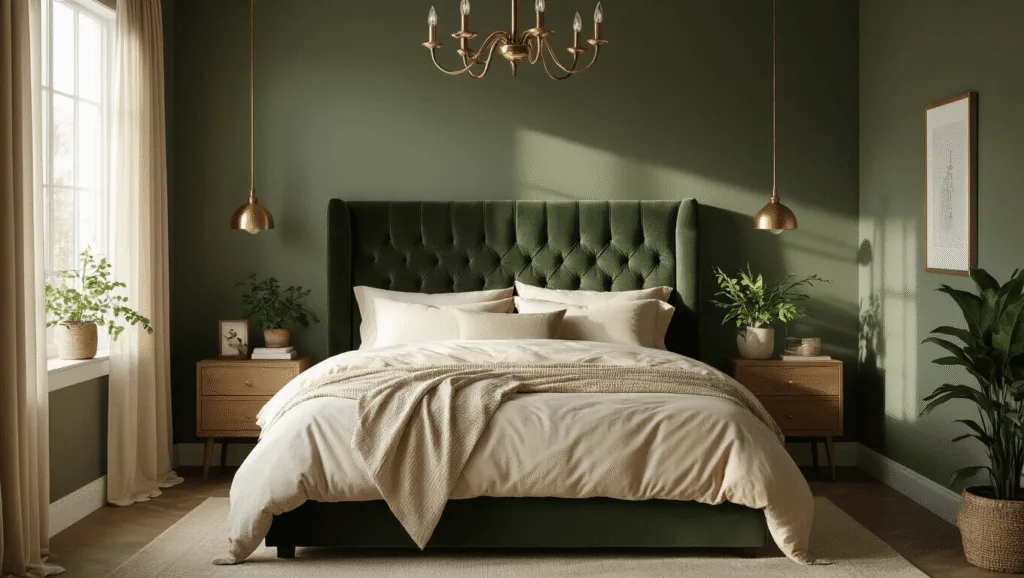 "Serene bedroom with dark sage green walls, velvet headboard, cream bedding, brass chandelier, wood nightstands, and morning sunlight."