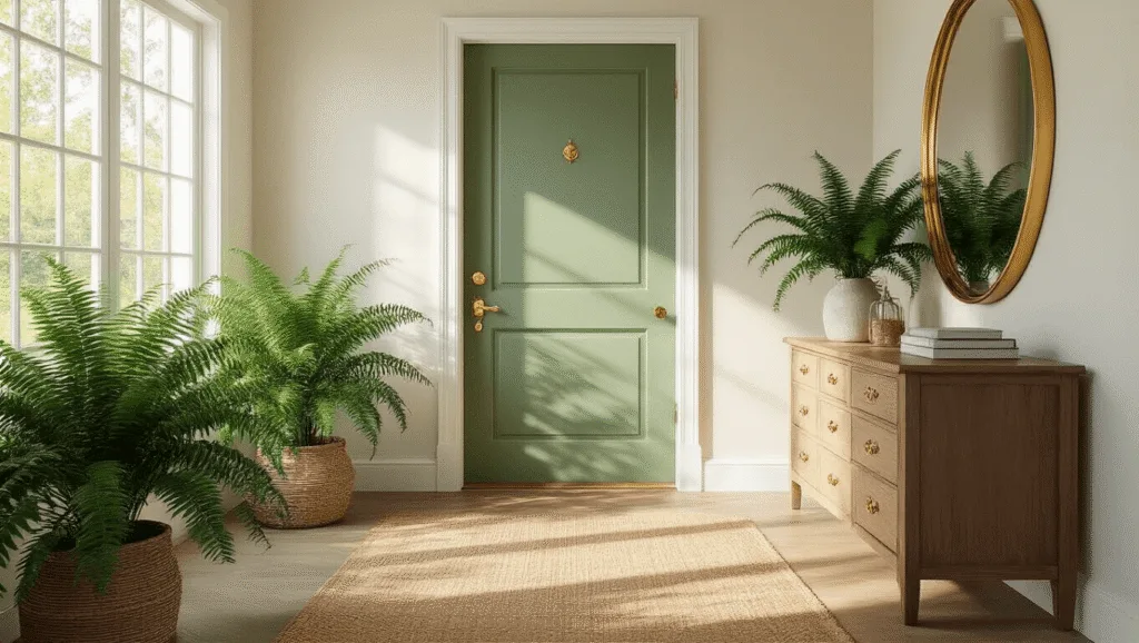 "Elegant sage green door with brass hardware, gold-framed mirror, wood console table, potted ferns, and jute runner in naturally lit entryway"