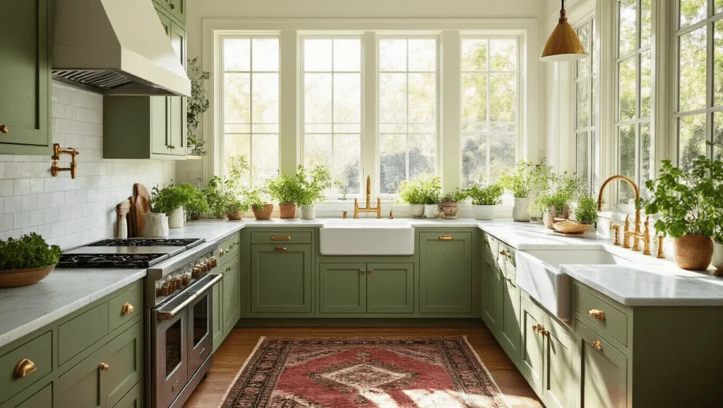 "Sage green kitchen with marble countertops, brass hardware, vintage rug, and natural morning light streaming through windows"