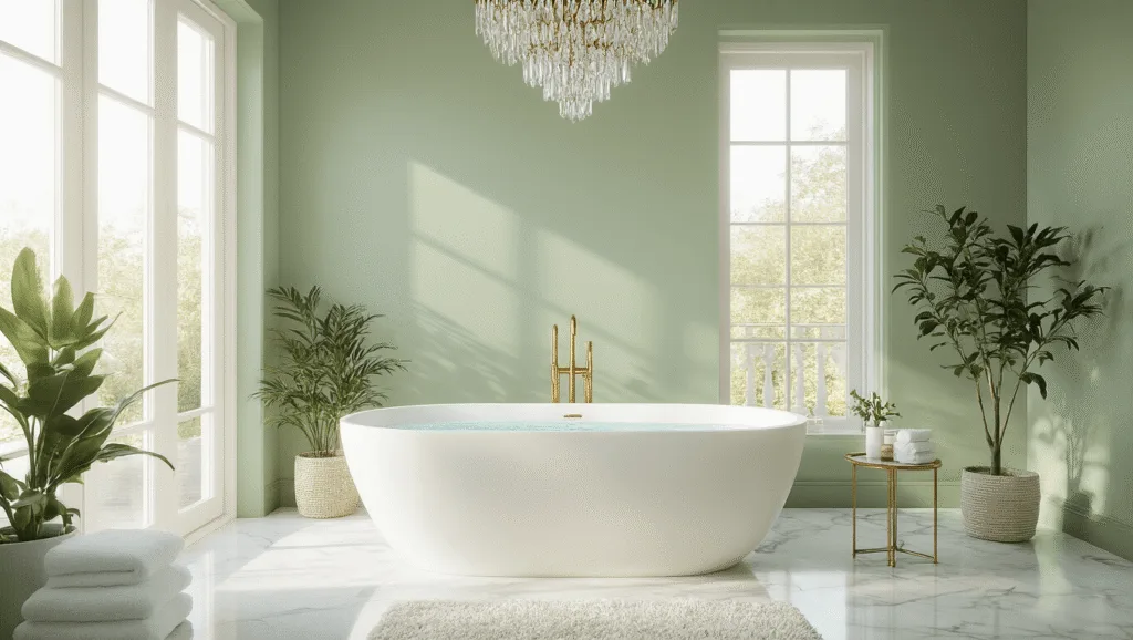 "Elegant bathroom with sage green walls, freestanding tub, marble floors, brass fixtures, minimalist decor, and morning light streaming through a large window"
