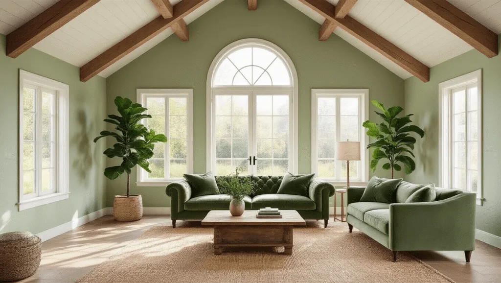 "Sage green living room with sunlit vaulted ceiling, velvet sofa, wooden beams, jute rug, and fiddle leaf fig plant creating a warm and cozy atmosphere"