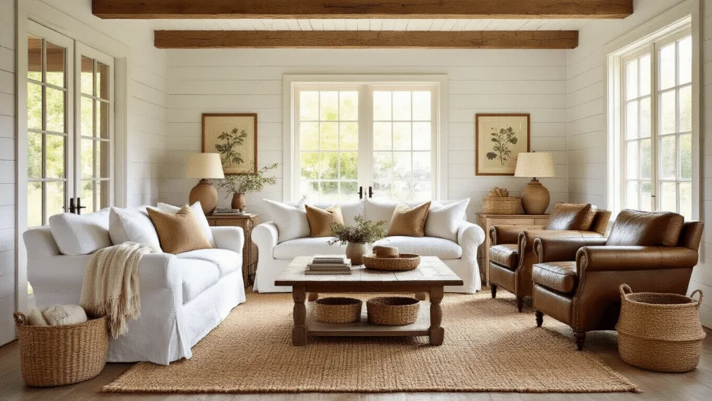 "Sunlit farmhouse living room with white sofa, vintage leather armchairs, wooden coffee table, jute rug, woven baskets, and cotton throws."