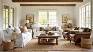 "Sunlit farmhouse living room with white sofa, vintage leather armchairs, wooden coffee table, jute rug, woven baskets, and cotton throws."