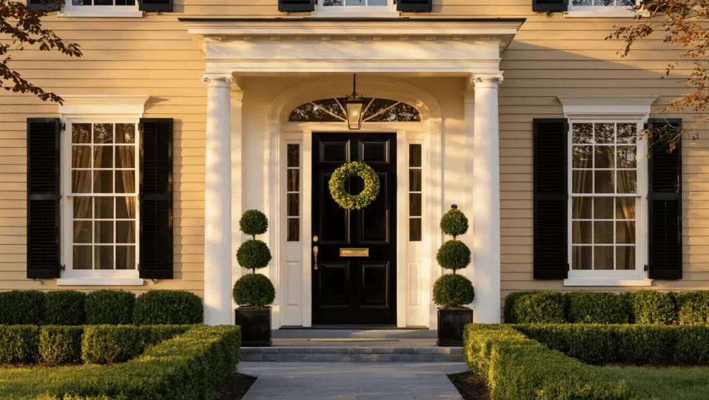 "Colonial tan house with black front door, boxwood shrubs, and a wreath during golden hour"