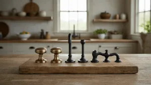 "Aged brass knobs, wrought iron pulls, and matte black handles from a farmhouse kitchen hardware collection, displayed on a weathered wood board under soft natural lighting."