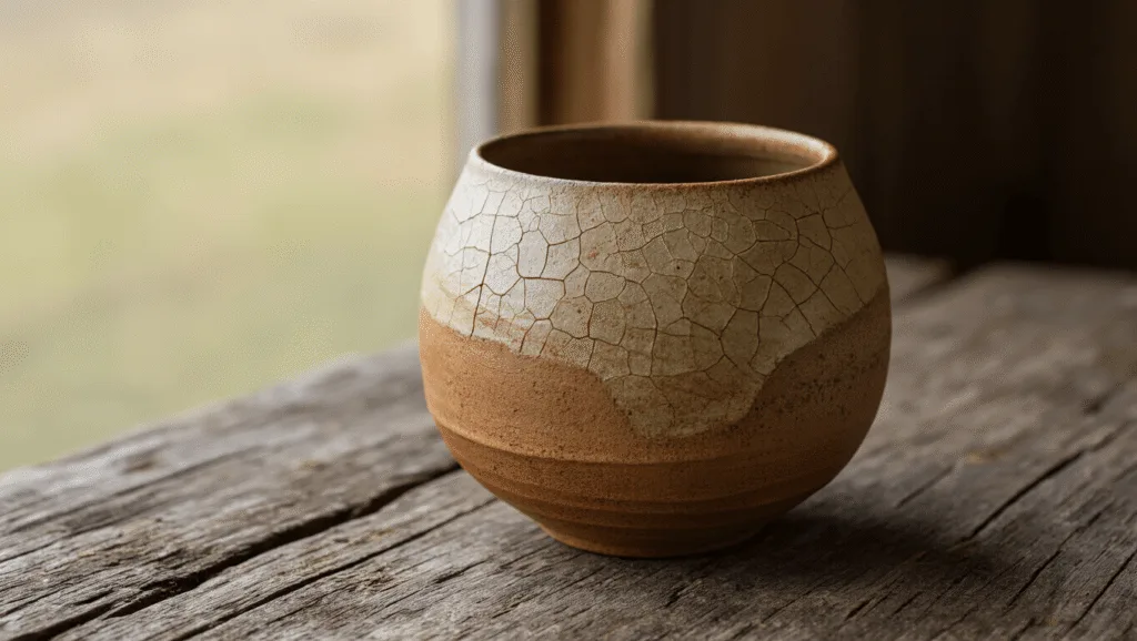 "Rustic handcrafted pottery in wabi-sabi style with visible fingerprints and crackled glaze in earth tones, set in soft morning light on a weathered wooden surface."