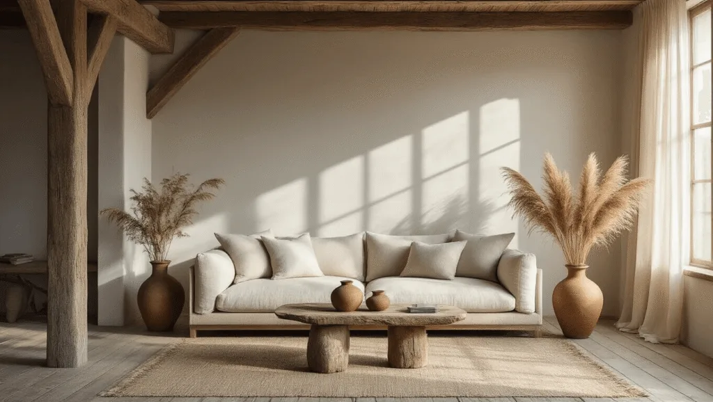"Sunny, minimalist living room with wooden beams and floors, beige linen sofa, handmade ceramics, dried pampas grass in rustic vase and earthy color palette"