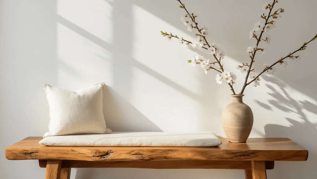 "Live-edge teak bench in a minimalistic entryway with a cream linen cushion, cherry blossom vase, under soft morning sunlight"
