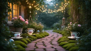 "Whimsical twilight garden with vintage teacup planters, fairy lights, mossy path, and magical decorations under soft, ethereal lighting"