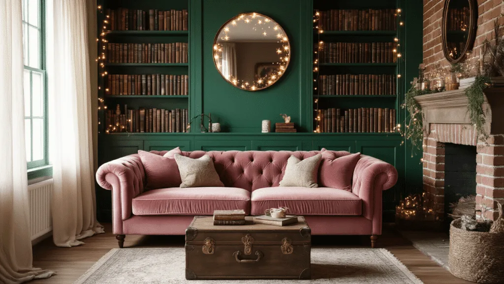 "Cozy living room with dusty rose velvet sofa, emerald green bookshelf of vintage books, constellation mirror, fairy lights, vintage trunk coffee table, and whimsical decor in warm afternoon light"