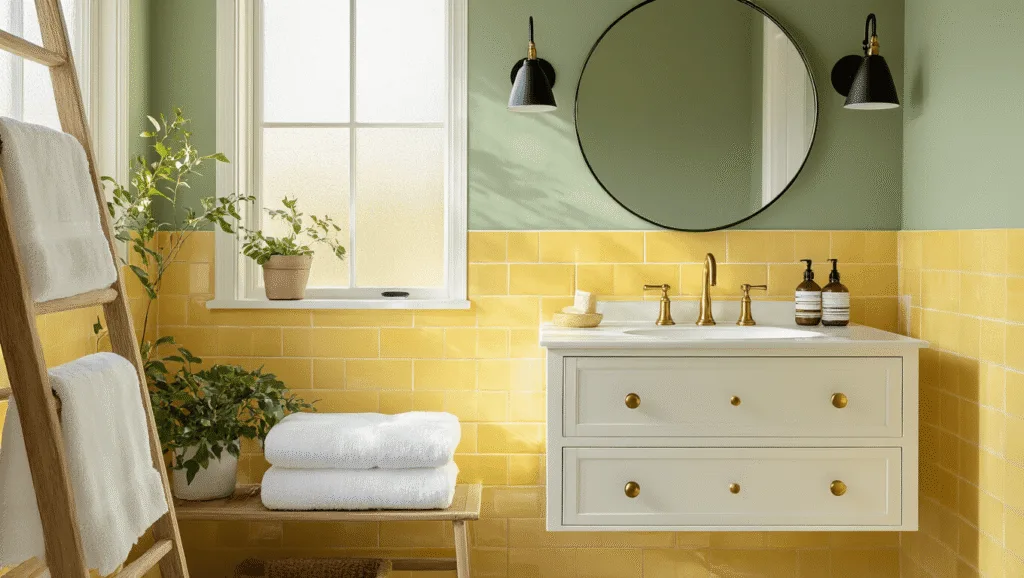 "Vintage yellow-tiled bathroom with sage green accent wall, white vanity, round mirror, black sconces, wooden ladder with towels, small plants, and sunlit frosted window"