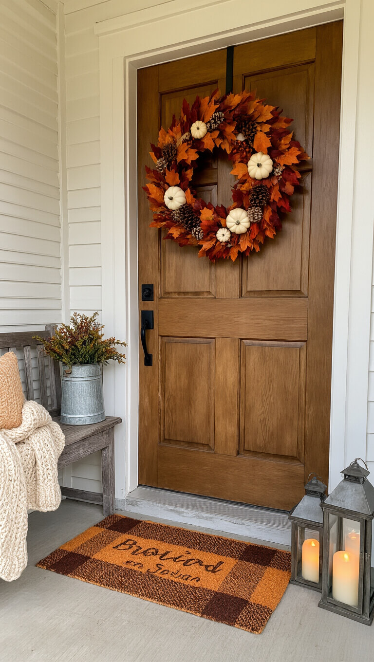 Cozy farmhouse entryway with rustic decor, featuring a wreath of autumn leaves and pumpkins on a wooden door, flanked by lanterns and a bench with a knit throw in warm afternoon light.