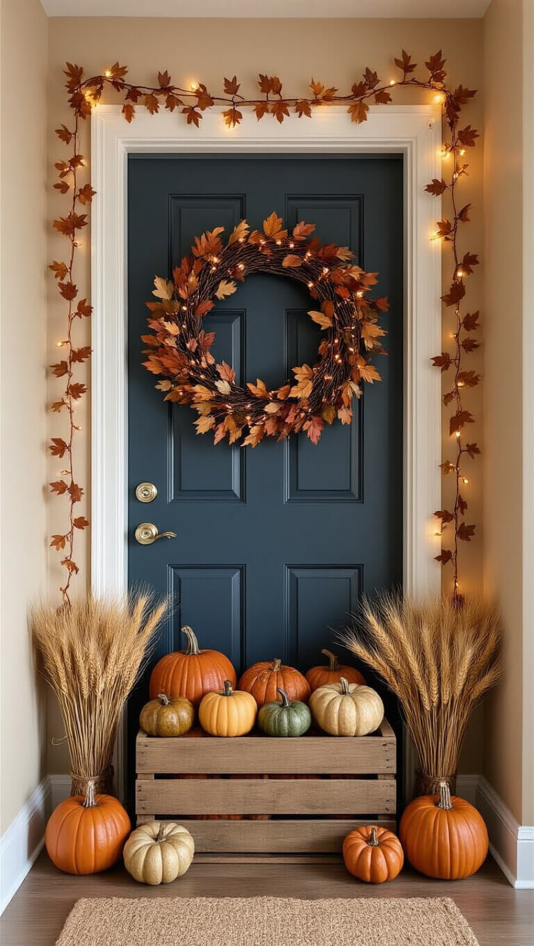 Autumn-themed apartment door with blue door, jewel-toned wreath, copper lights, heirloom pumpkins in crate, and copper garland against beige walls.