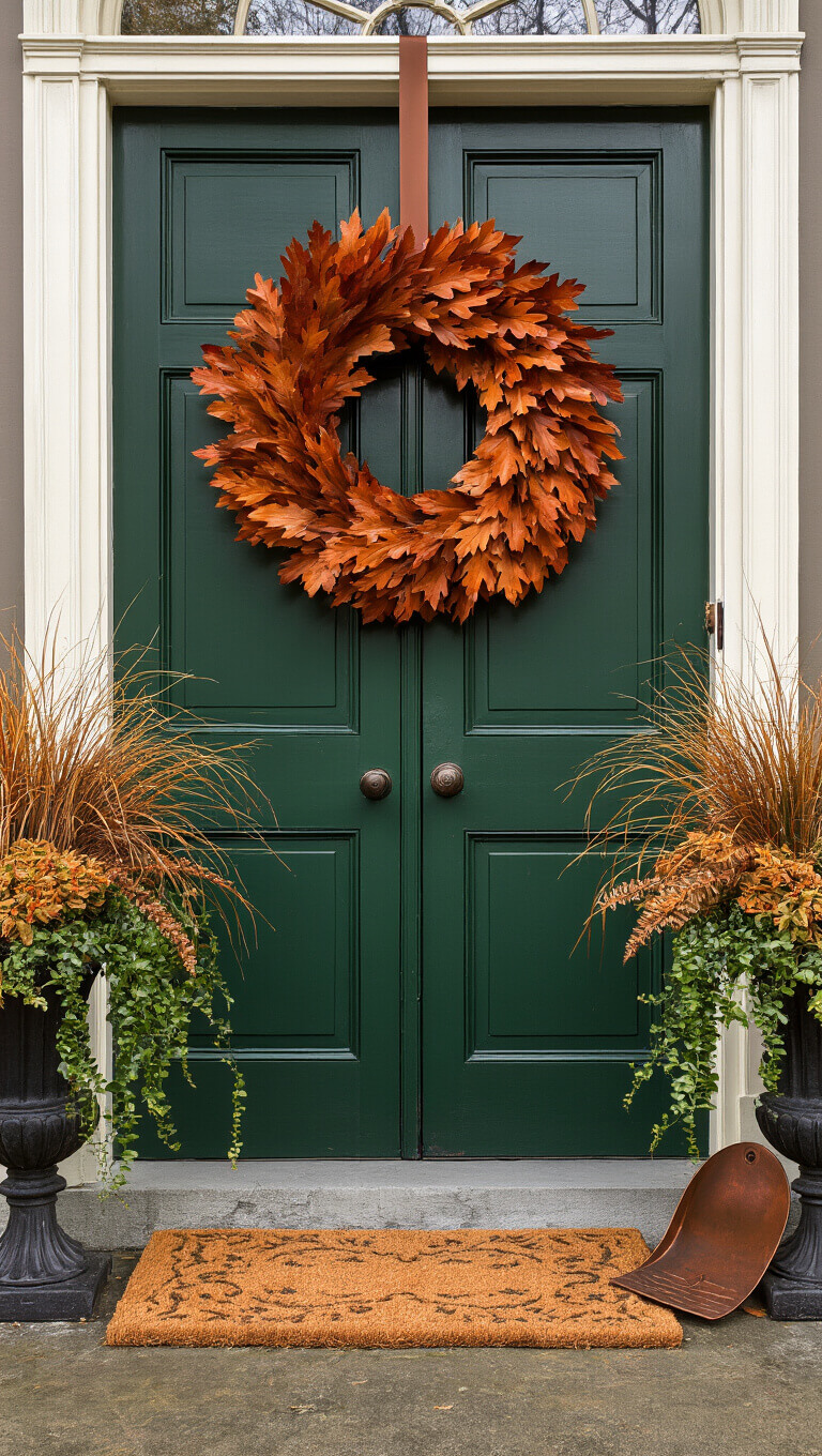 Victorian-style green double doors adorned with a large autumn oak leaf wreath, flanked by urns of ornamental grasses and golden branches, in soft early morning mist.