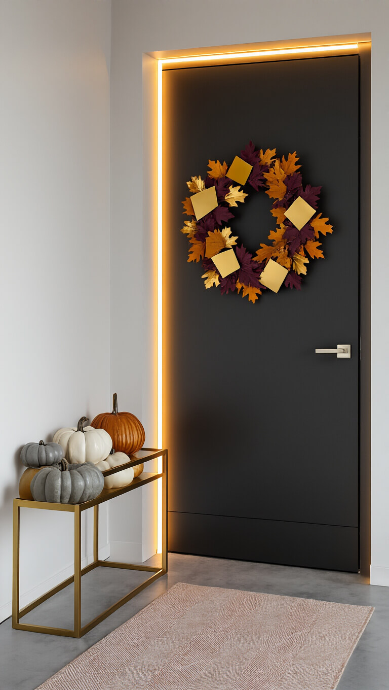 Modern minimalist fall door with matte black finish, geometric gold wreath, autumn leaves, brass console with white and grey pumpkins, chevron rug, and warm LED lighting.