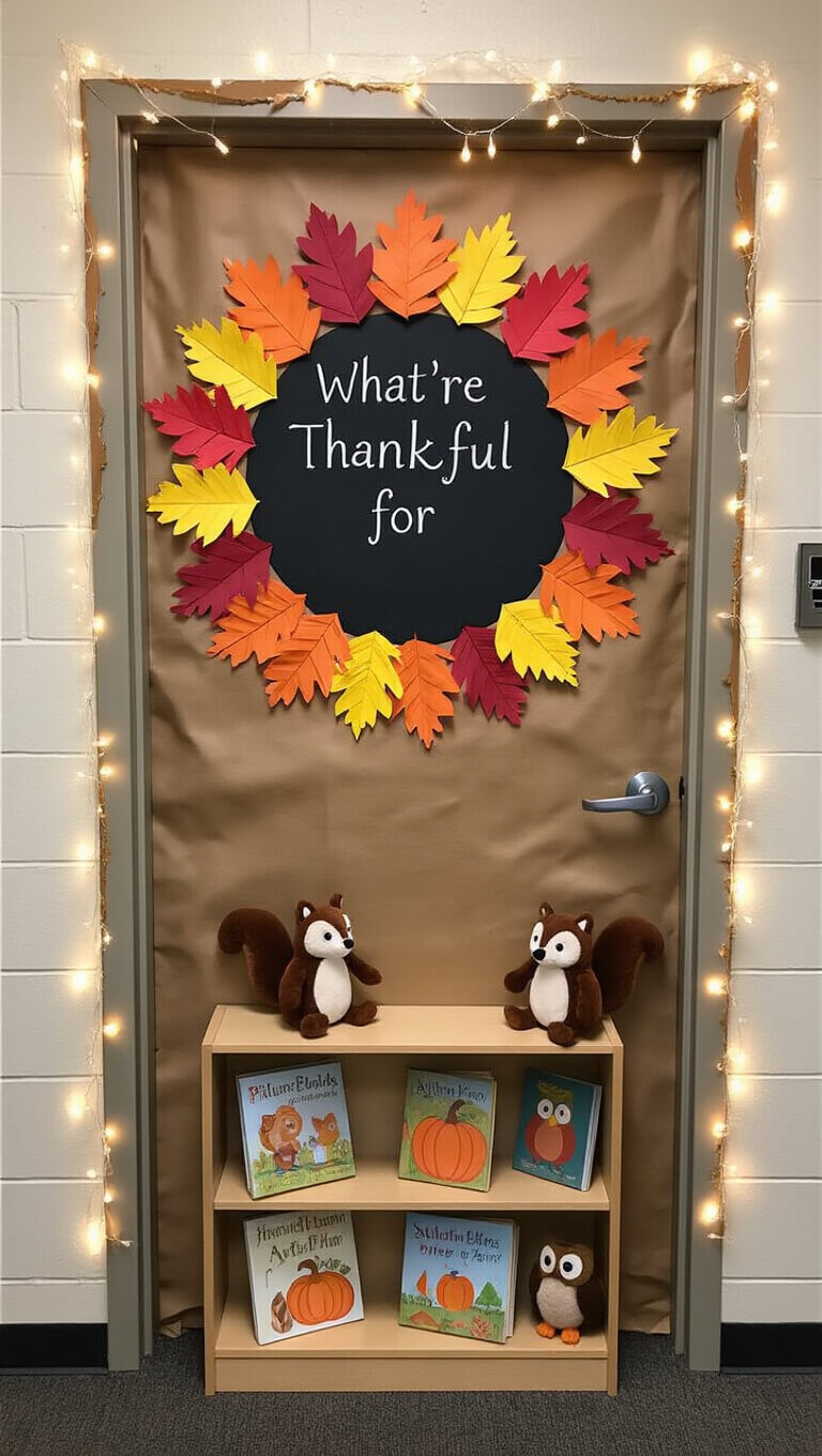 Autumn-themed classroom door decorated with kraft paper tree trunk, colorful 3D leaves, chalkboard wreath for thankfulness notes, picture books, plush animals, and twinkling lights, viewed from a child's perspective.