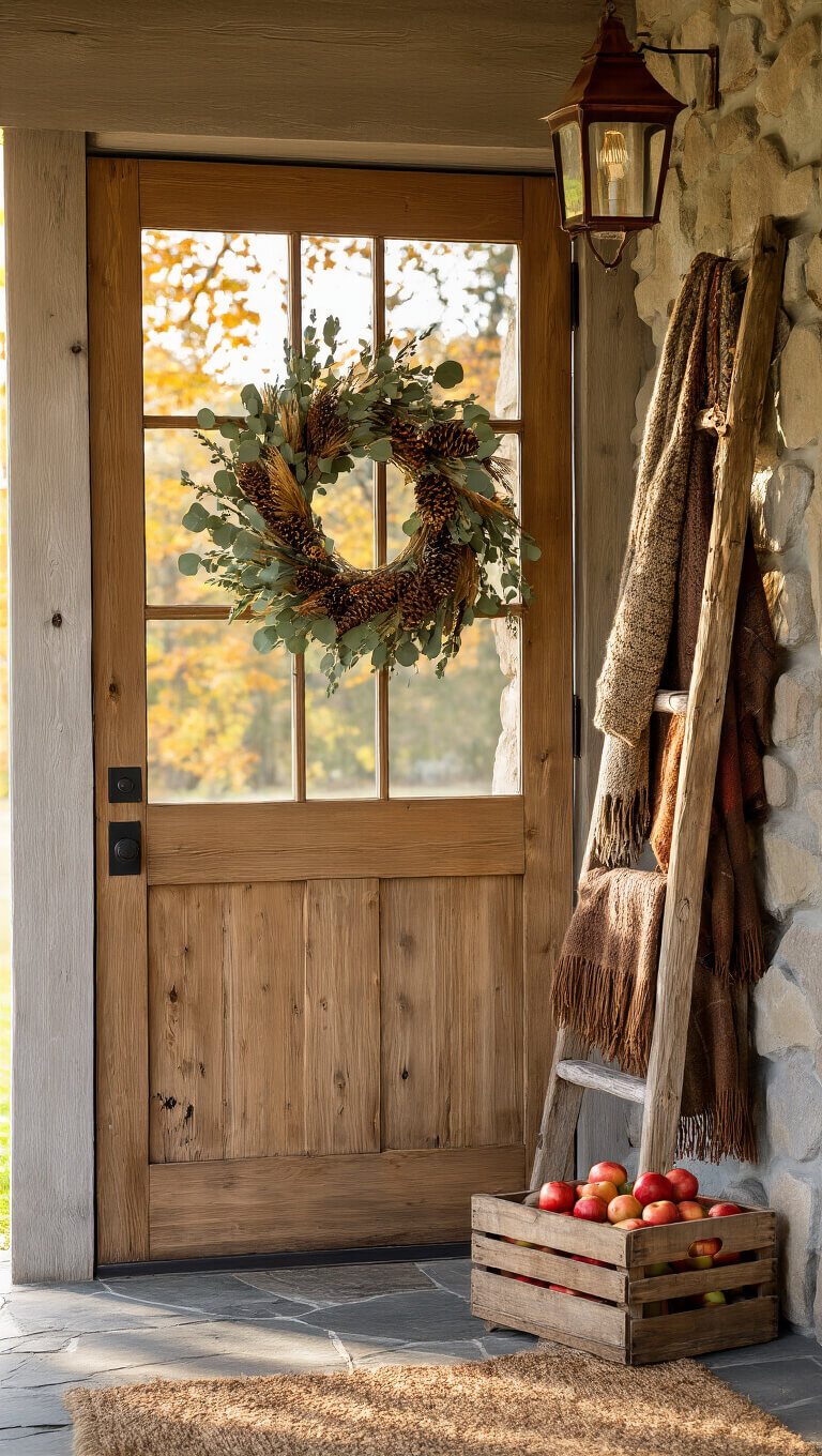 Rustic cabin entryway with natural pine door, eucalyptus wreath, vintage ladder with scarves, crate of apples, and antique lantern glowing on stone floor during golden hour.
