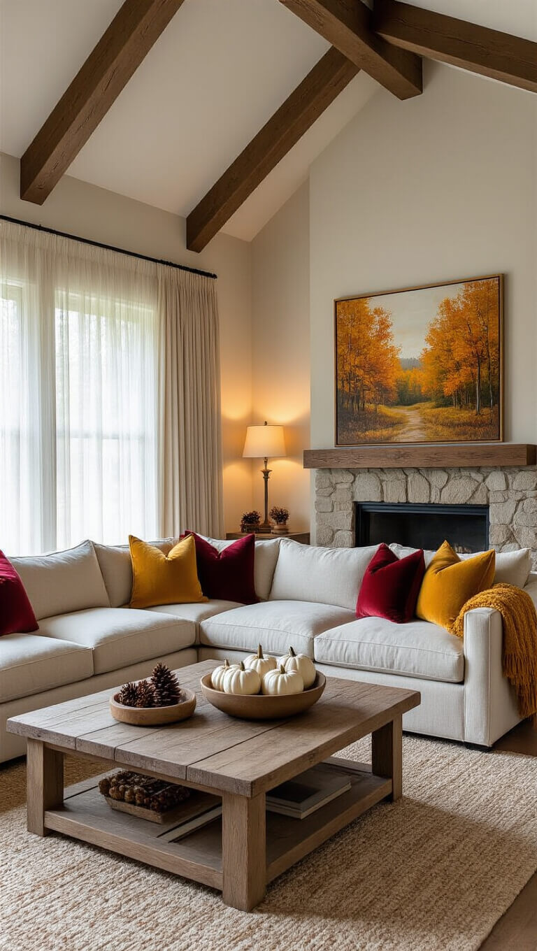 Cozy 15x18 ft living room with vaulted ceilings, wooden beams, oatmeal linen sectional, autumn decor, stone fireplace, and warm ambient lighting.