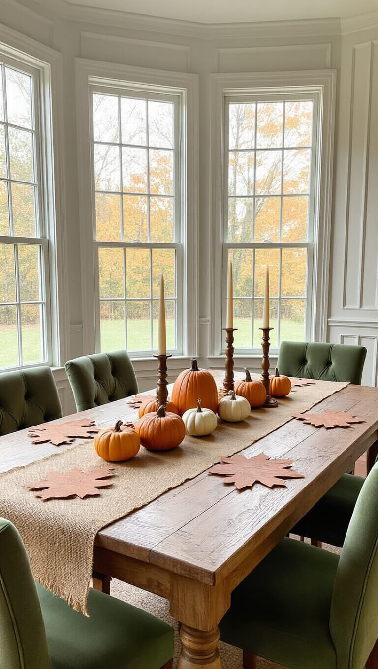 Rustic farmhouse dining room with autumn-themed table decor, featuring pumpkins, bronze candlesticks, and sage green velvet chairs under midday natural light.