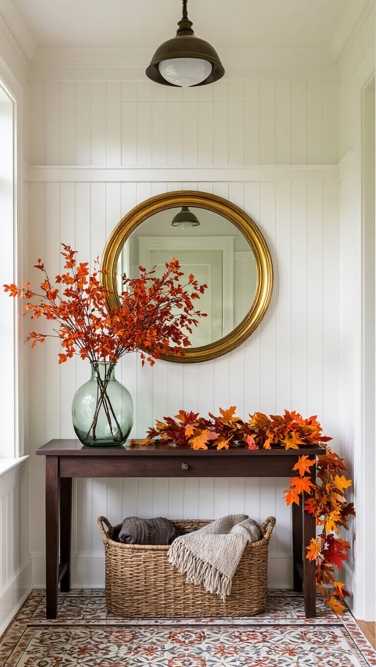 Cozy 6x8 ft entryway with beadboard paneling, vintage tile floor, dark walnut console table holding a vase of vibrant faux maple branches, round gold-framed mirror above, woven basket with throw blankets below, and preserved autumn leaf garland framing the doorway, all lit by dramatic late afternoon light through a transom window.